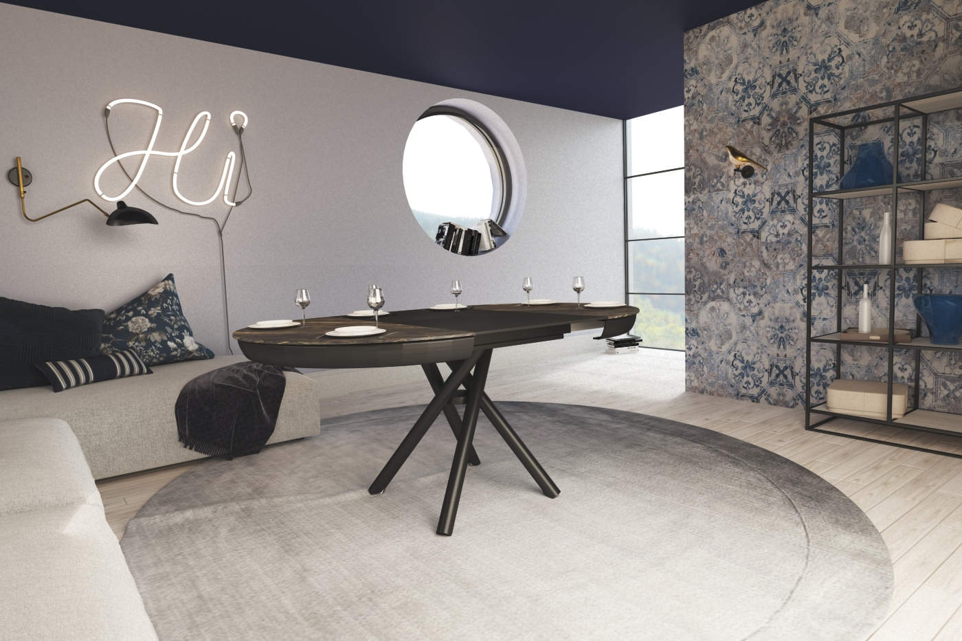 Valzer - Tavolo salotto trasformabile con piano rotondo in ceramica